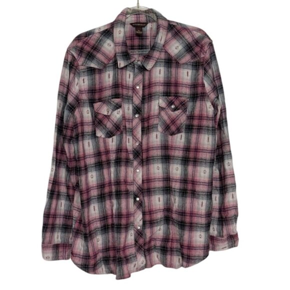 Bit & Bridle Pearl Snap Shirt Womens Size XL Pink Cotton Western Ranch Flannel - Picture 1 of 9